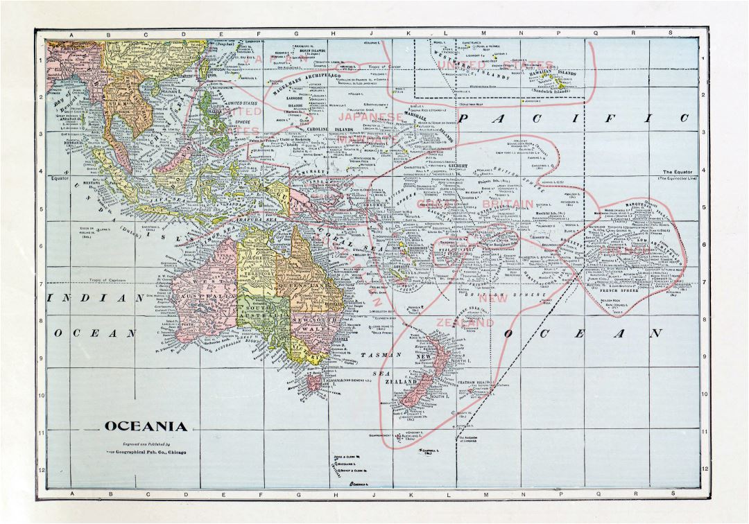 Gran mapa detallado de edad política de Oceanía con las marcas de las capitales, ciudades, nombres de países y otras marcas - 1932