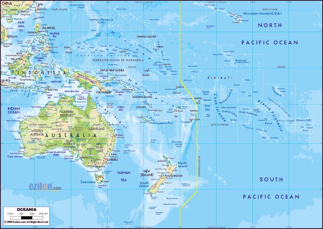 Mapa físico grande de Australia y Oceanía con las principales carreteras y ciudades principales