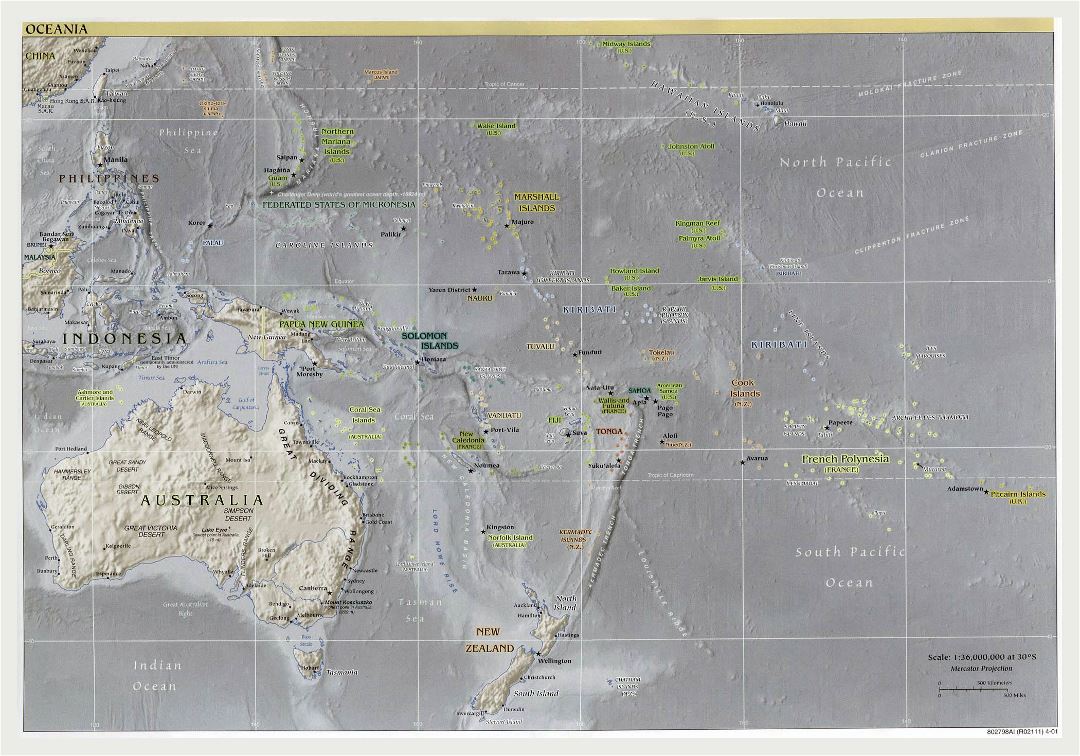 Mapa grande política de Australia y Oceanía con alivio, las principales ciudades y capitales - 2001