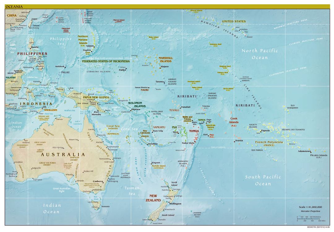 Mapa grande política detallada de Australia y Oceanía con alivio - 2009