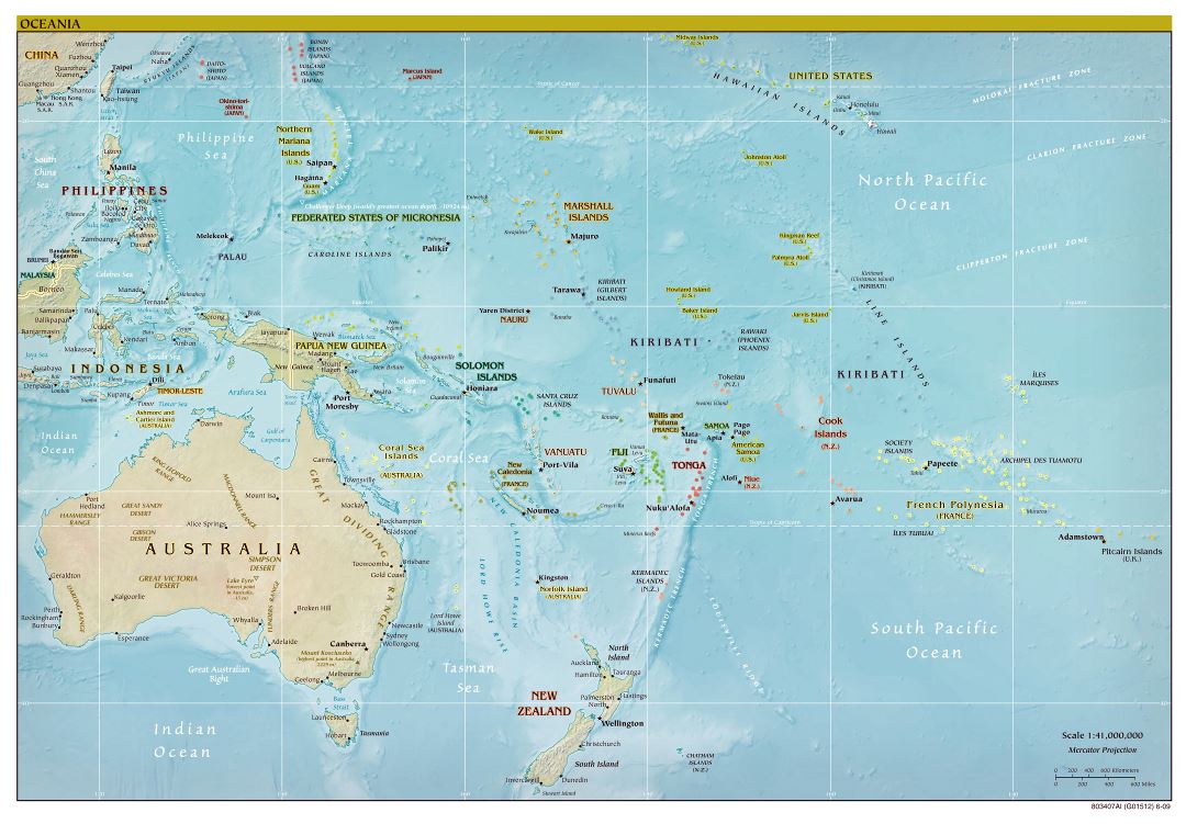 Mapa grande política detallada de Australia y Oceanía con alivio - 2009