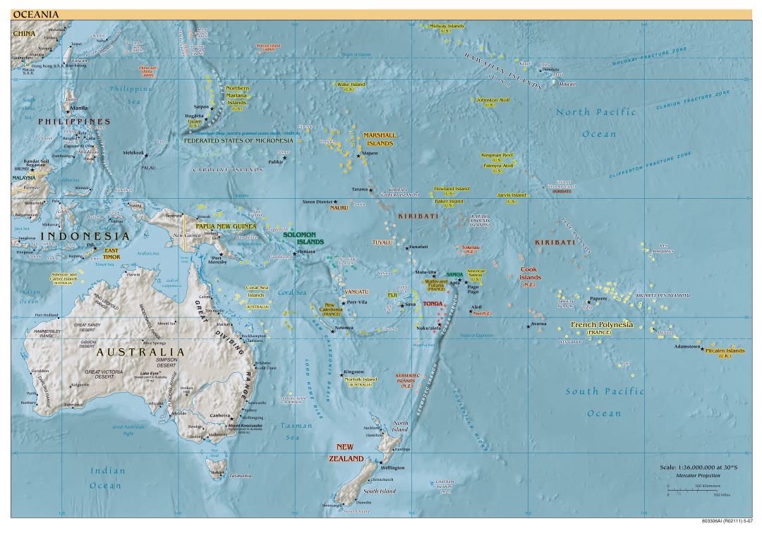Mapa grande política detallada de Australia y Oceanía con alivio y capitales - 2007