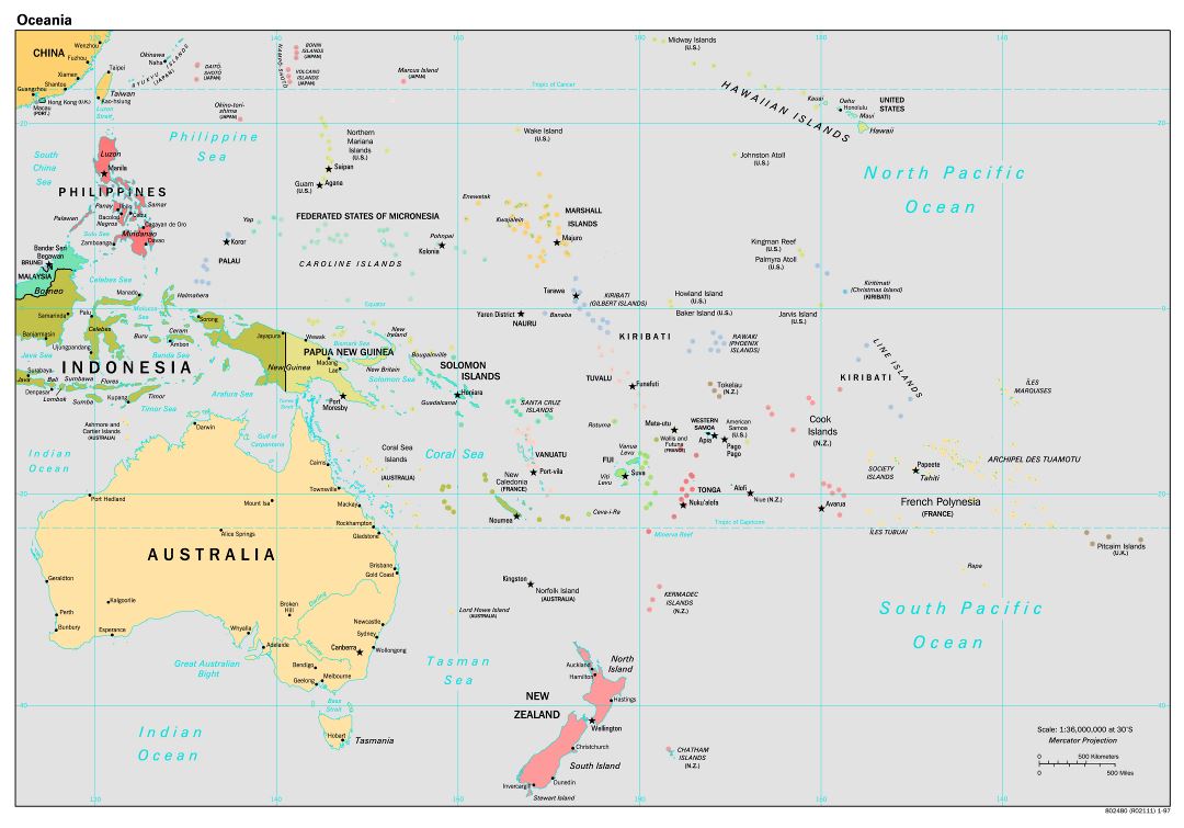Mapa grande política detallada de Australia y Oceanía con las capitales y principales ciudades - 1997