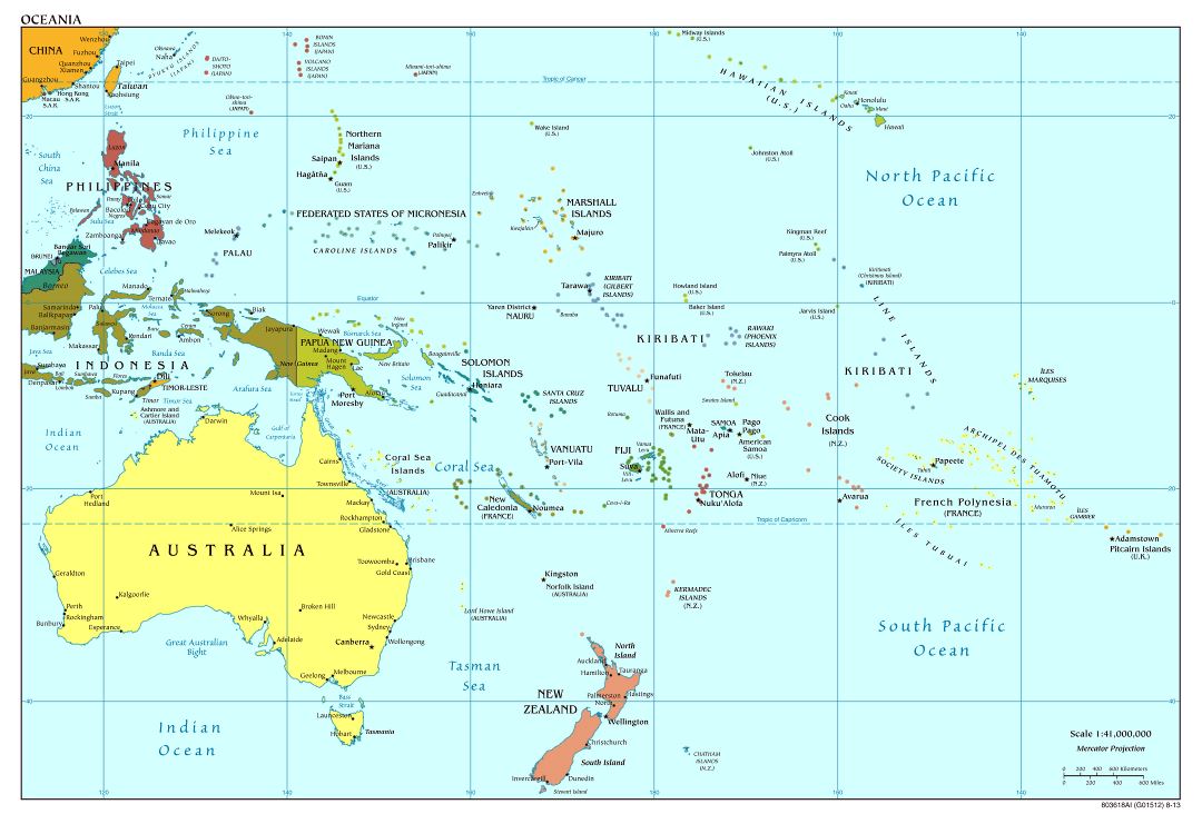 Mapa grande política detallada de Australia y Oceanía con las capitales y principales ciudades - 2013