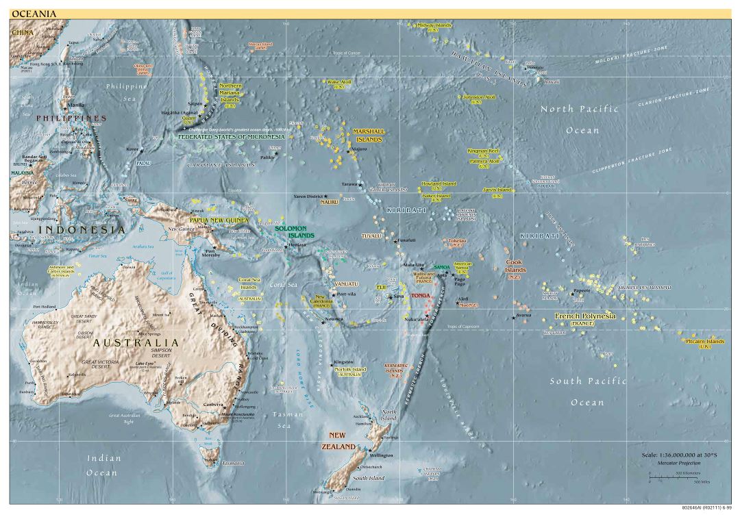 Mapa grande política detallada de Australia y Oceanía de alivio, las capitales y principales ciudades - 1999