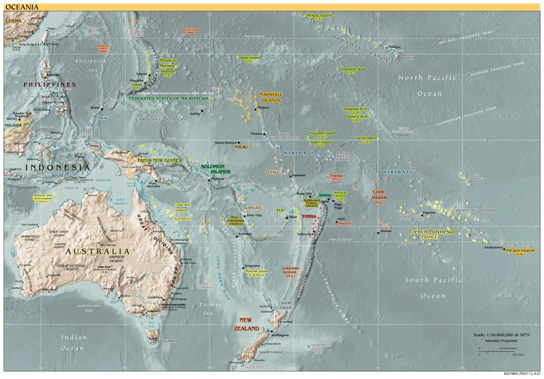 Mapa grande política detallada de Australia y Oceanía de alivio, las capitales y principales ciudades - 2001