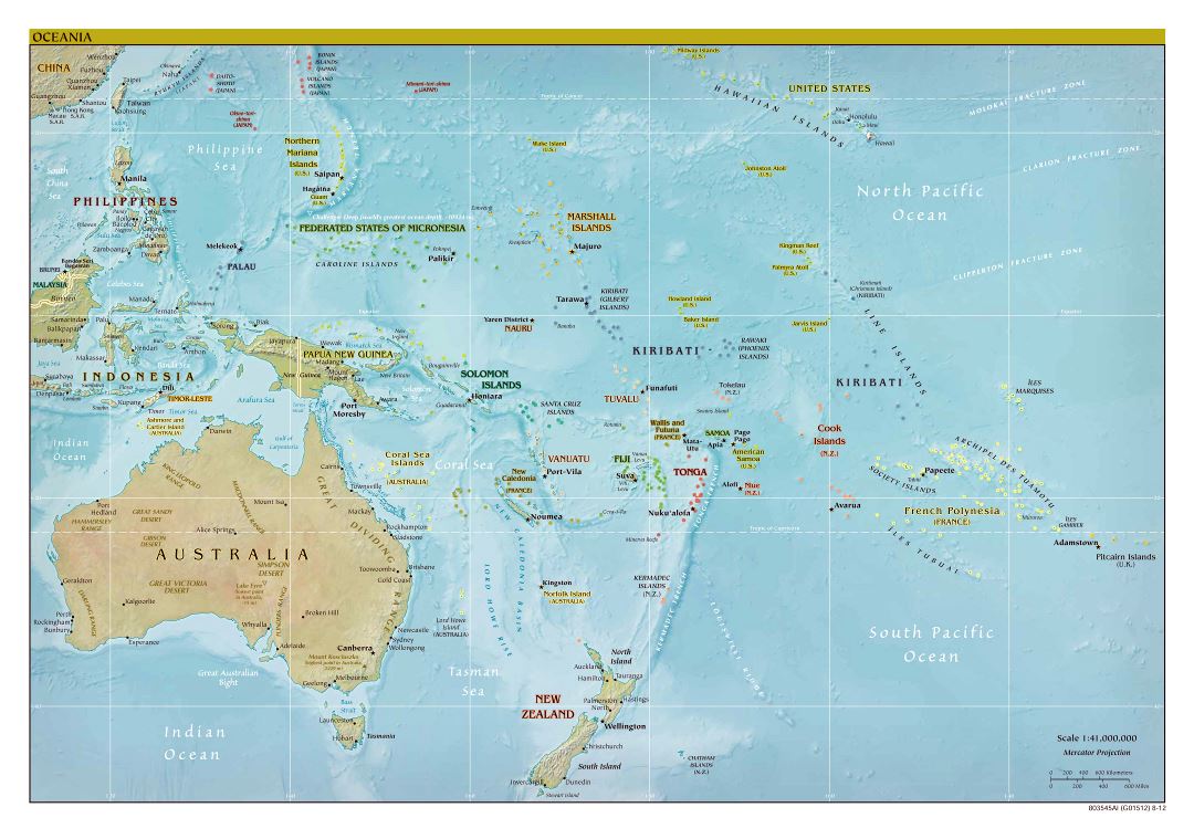 Mapa grande política detallada de Australia y Oceanía de alivio, las capitales y principales ciudades - 2012