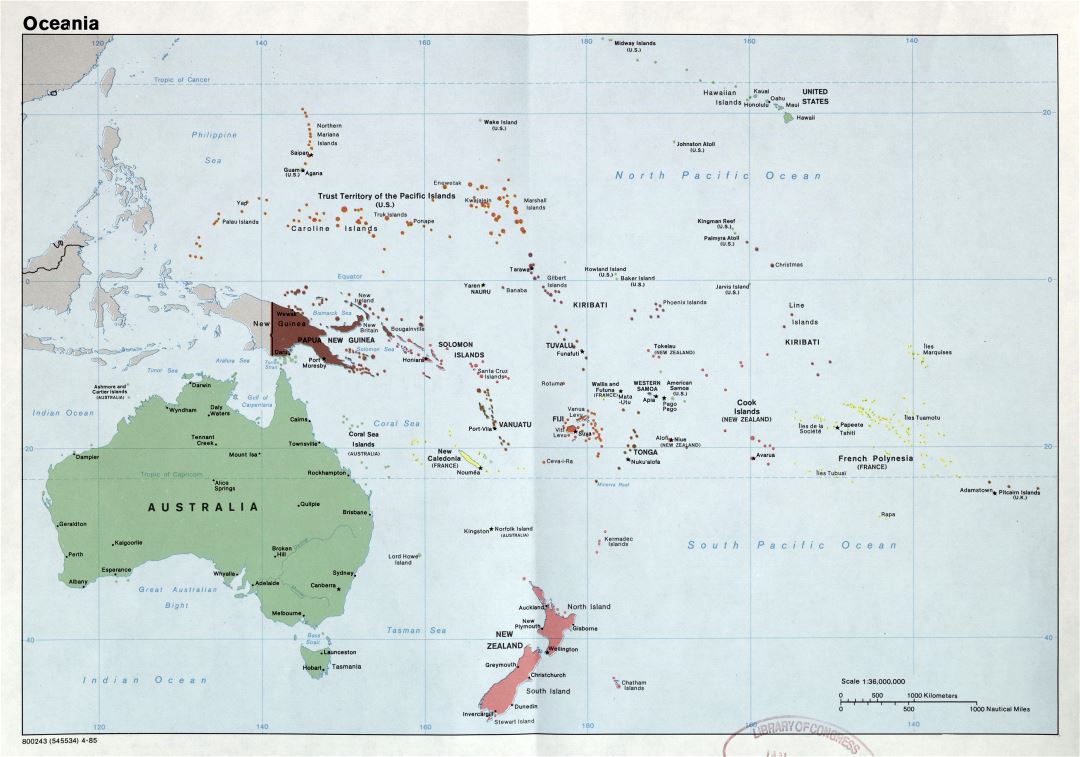 Mapa grande política detallada de Oceanía con las capitales y principales ciudades - 1985