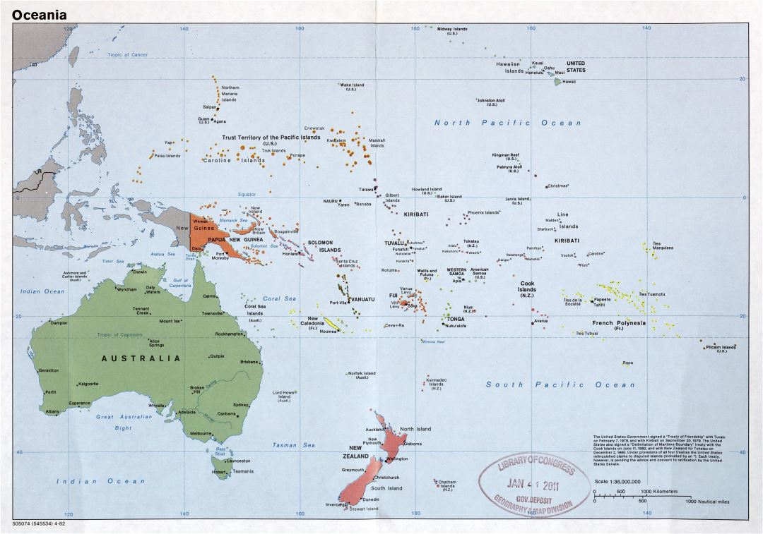 Mapa grande política detallada de Oceanía con las principales ciudades y capitales - 1982