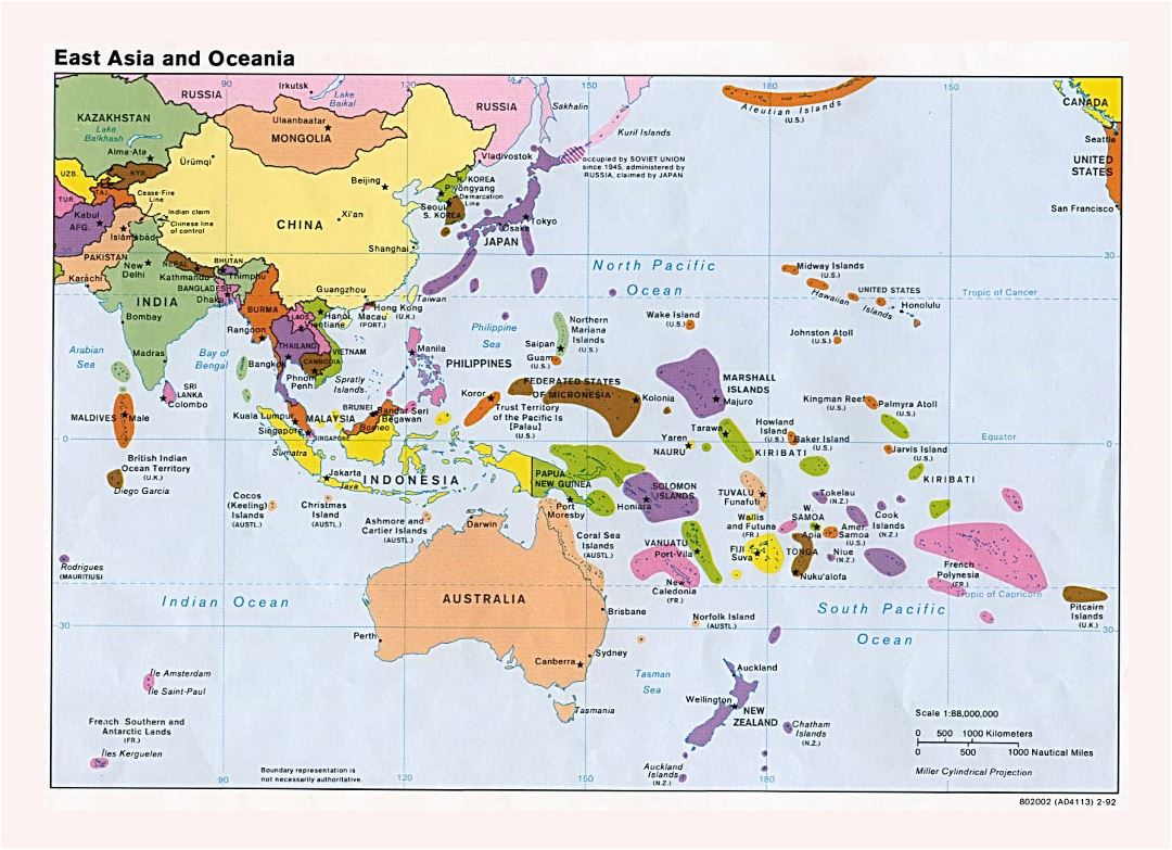 Mapa grande política detallada del Este de Asia y Oceanía con las principales ciudades y capitales - 1992