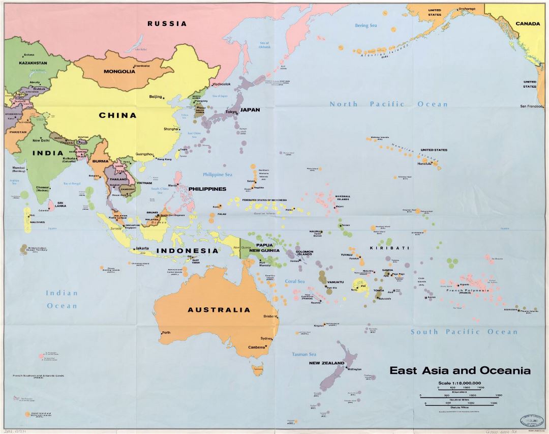 Mapa político detallada del Este de Asia y Oceanía