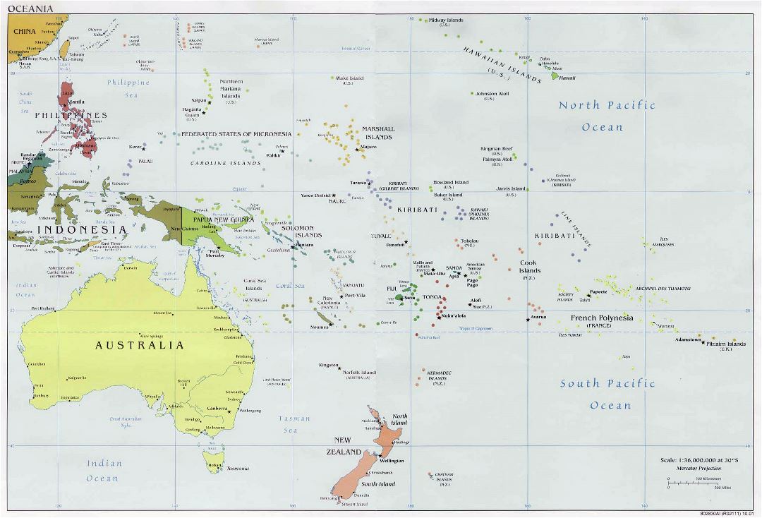 Mapa político grande de Australia y Oceanía - 2001