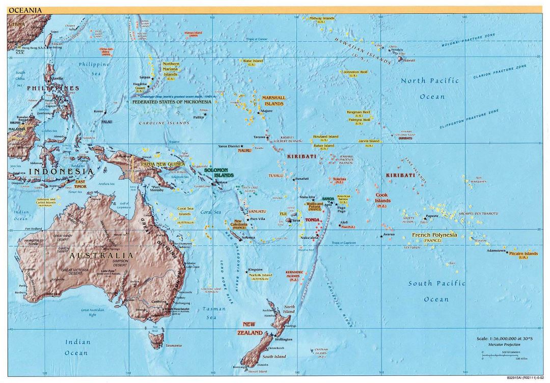 Mapa político grande de Australia y Oceanía con alivio - 2002