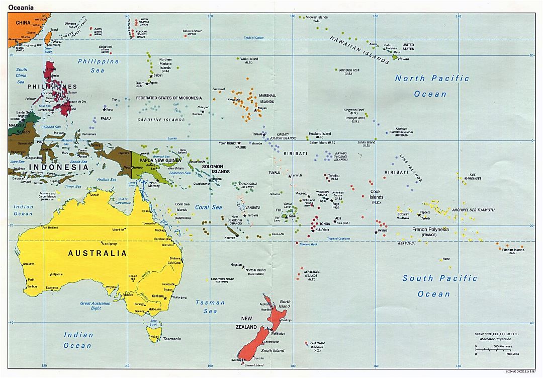 Mapa político grande de Australia y Oceanía con capitales - 1997