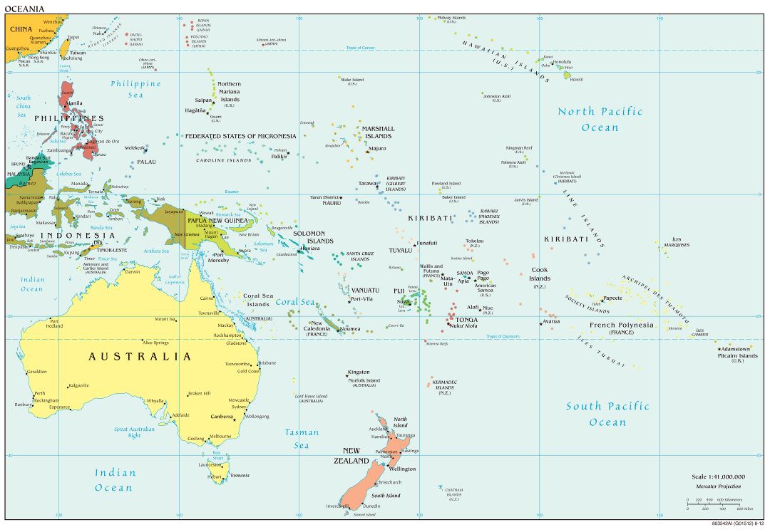 Mapa político grande de Australia y Oceanía con capitales - 2012