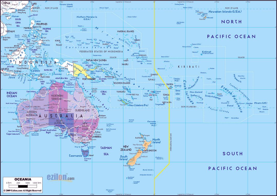Mapa político grande de Australia y Oceanía con las principales carreteras y ciudades principales